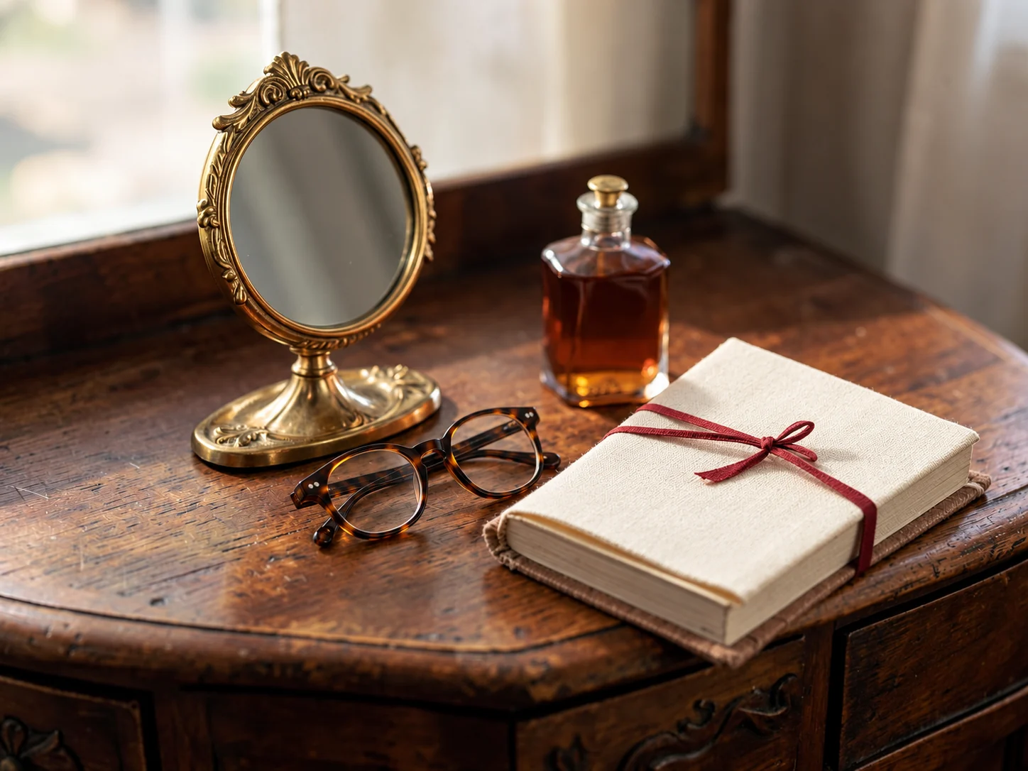 A round brass mirror, amber perfume bottle, complete tortoiseshell glasses, and a plain linen book on a wooden dresser