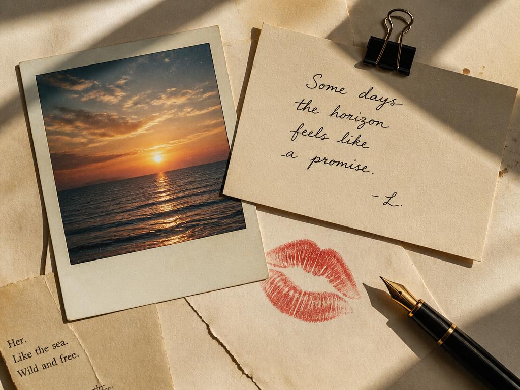 A polaroid of the sea, a handwritten note and a fountain pen on cream paper